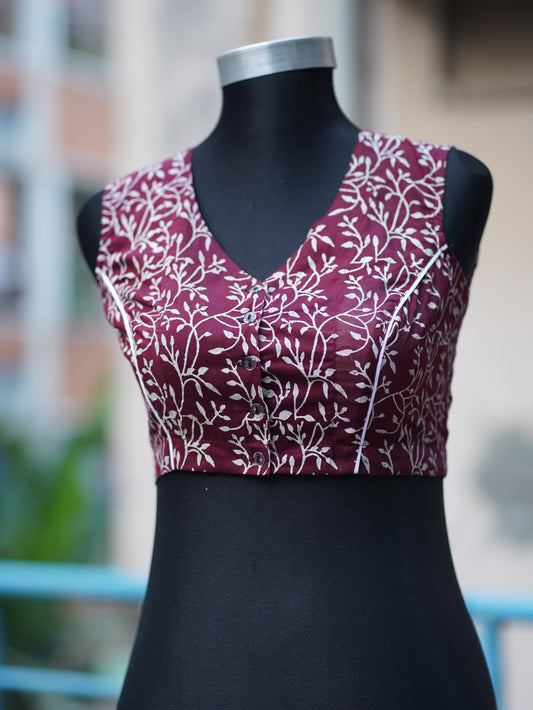 Block Printed Pure Cotton Blouse in Maroon