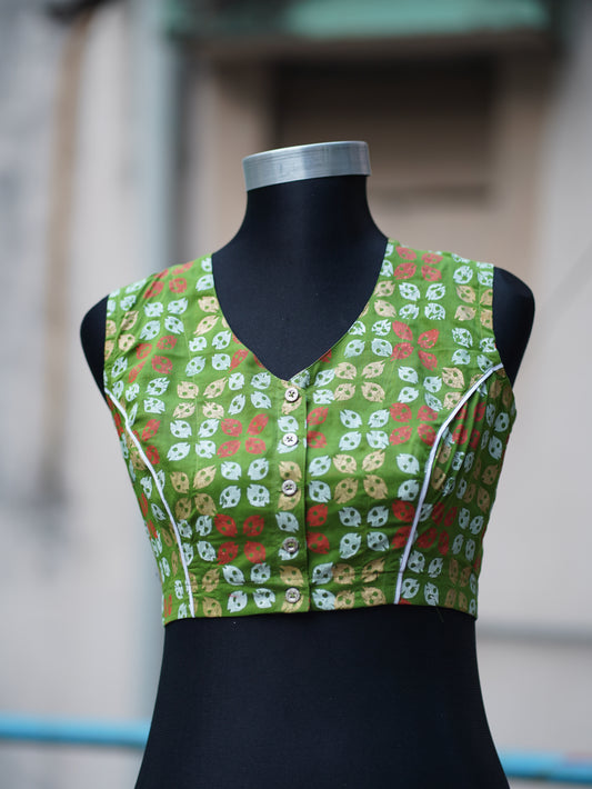 Block Printed Pure Cotton Blouse in Green
