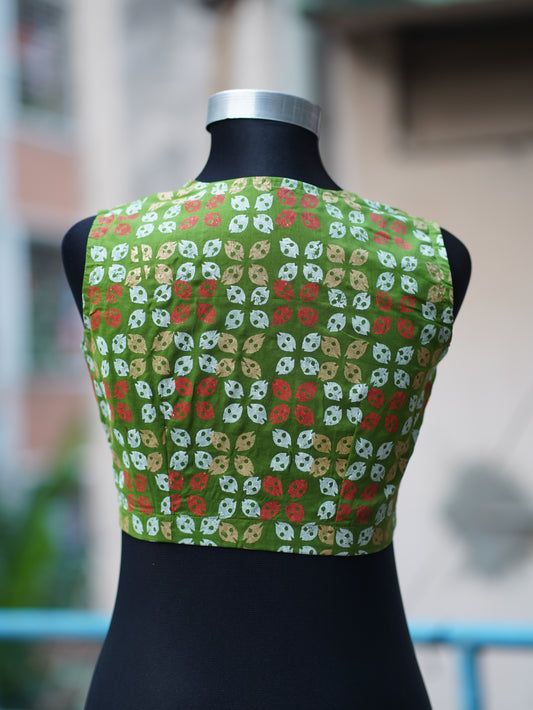 Block Printed Pure Cotton Blouse in Green